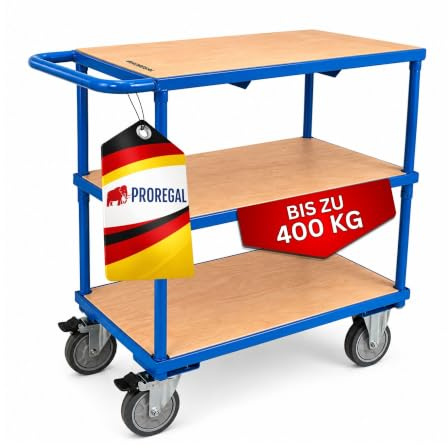 PROREGAL Profi Tischwagen Transportwagen Handwagen Materialwagen mit 3 Etagen | HxBxT 99x98x50cm | Traglast 400 kg | 2X Lenkrollen mit Feststellbremse & 2X Bockrollen | Lichtblau