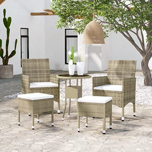 Runheo 5-TLG. Garten-Lounge-Set, Poly Rattan Beige, Outdoor-Möbel für Terrasse Balkon Pool, Hartglas-Tischplatte, Cremeweiße Kissen, Langlebiges Patio-Möbelset
