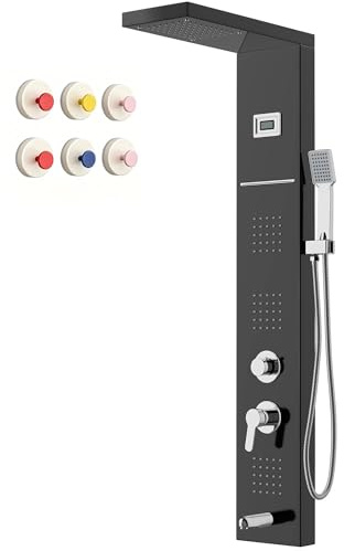 Columna de Ducha Hidromasaje STANEW,Pantalla LED Temperatura, Grifo de 5 Funciones, lluvia, Cascada, Masaje, Boquilla de Bañera y Cabezal de Ducha con Manguera, Acero Inoxidable Cepillado (Negro)