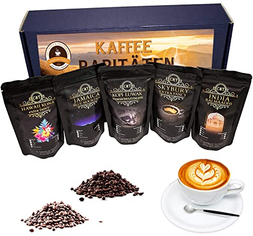 C&T Premium Kaffee Geschenk-Set | 5x Raritäten je 100g Ganze Bohne | Hawaii Kona + Jamaika Blue Mountain + Australien Skybury + Indien Balmaadhi