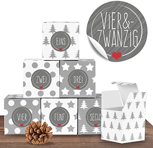 24 weihnachtliche Adventswürfel im Set mit 24 Zahlenaufklebern „Schick und Grau“ für einen DIY Adventskalender zum Basteln und Befüllen