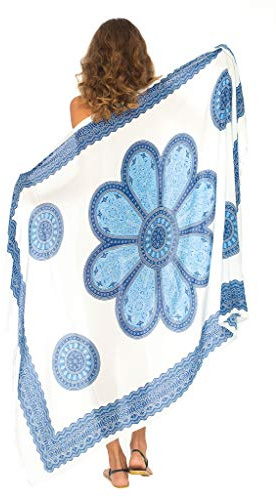 SHU-SHI - Floral Beach Sarong - For Women - Swimsuit Cover-Up with Coconut Clip - White/Blue