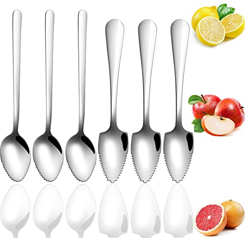 Mein HERZ 6 Pcs CuillèRe à Pamplemousse en Acier Inoxydable CuillèRe à Fruits Triangle【Bande en Dents de Scie】 Convient pour Apple, Kiwi, Papaye, Orange et CrèMe GlacéE (Argent)