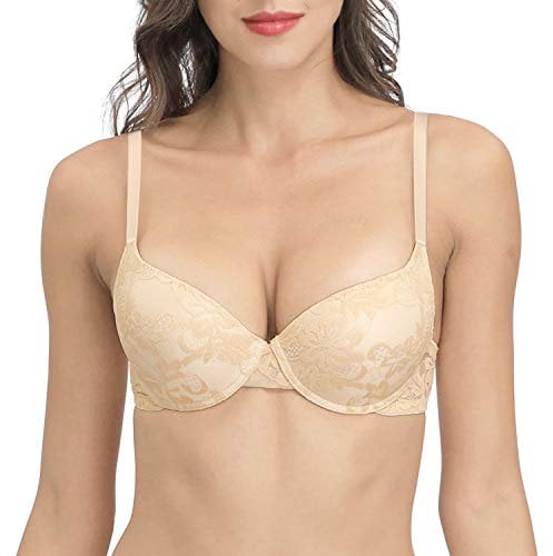 YANDW Push Up Bra for Women Demi Cup Padded Underwire Supportive Add Size Bras Lace Everyday Comfort Nude 44A