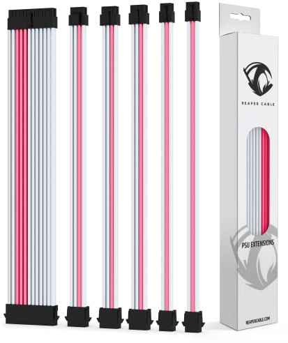 Reaper Cable Sleeved PSU Extension Set - Power Supply Extensions - 1x 24 Pin/ 2x 8 Pin/ 2x 6 Pin/ 1x 4+4 Pin - With Combs - 30cm (White & Pink)