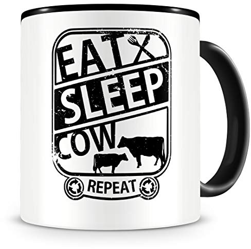 Samunshi® Kuh Tasse mit Spruch Eat Sleep Cow Repeat Geschenk für Cowboys Kaffeetasse groß Lustige Tassen zum Geburtstag schwarz 300ml