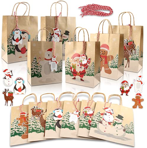 GeschenktüTen Weihnachten, 24 Stück Taschen, WeihnachtstüTen, GeschenktüTen mit Henkel, Großvolumige Kraftpapiertüten mit 24 Weihnachtsetiketten und 24 Roten Schnüren,Weihnachtsdeko
