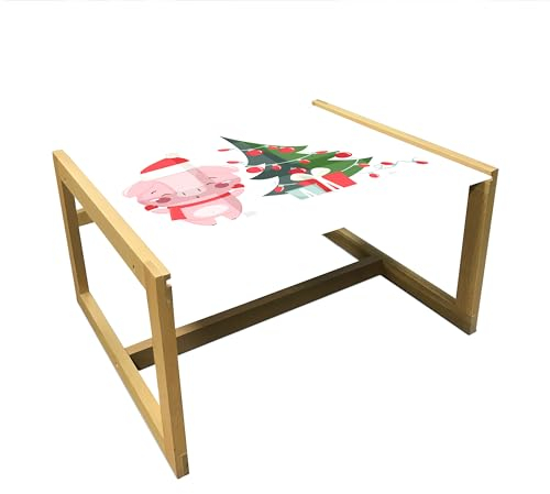 ABAKUHAUS Weihnachten Couchtisch, Glückliches Schwein mit Weihnachtsbaum, Acrylglas-Mitteltisch mit Holzrahmen für Büros Wohnheime, Mittel Größe, Weiß und Multicolor