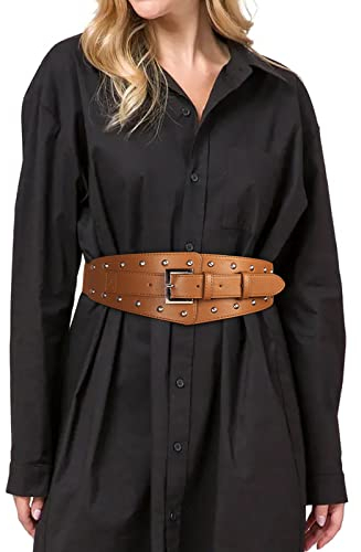 Kajeer Breiter Nietengürtel für Damen - Schwarzer Brauner Waist Belt Elastischer Taillengürtel für Kleider Kostüm