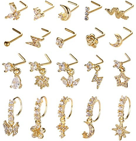 SAMOCO 20Pcs 20G Dangle Nose Ring L Shaped Dangling Nose Stud for Women