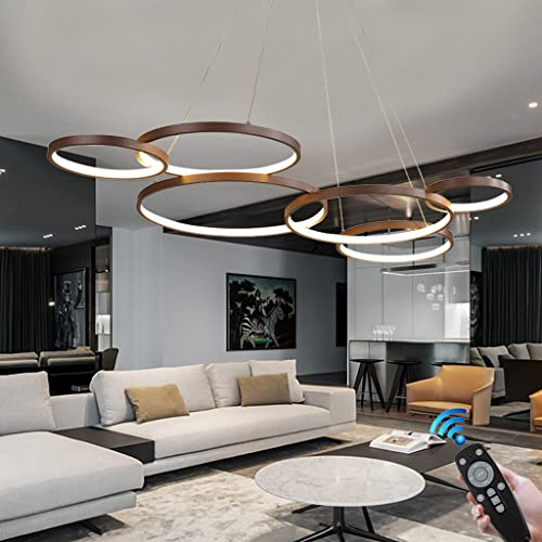 FWX Pendelleuchte LED Großer Innenraum Esstisch Kronleuchter Höhenverstellbar Hängeleuchte Wohnzimmerlampe Dimmbar Mit Fernbedienung Moderne Aluminium Ringe Pendellampe Cafe RestaurantDeckenleuchte