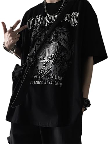 Y2K T-Shirt für Damen und Herren, Emo Grunge Gothic Cross Graphic Tee Vintage Alt Kurzarm Streetwear Techwear Dark Academia, Schwarz, Mittel