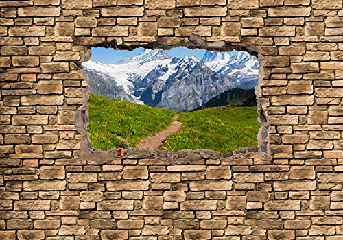 wandmotiv24 Fototapete 3D Sommerwiese in den Alpen - Steinmauer, 300 x 210 cm - selbstklebende Vliestapete 150g, Wanddeko, Wandbild, Wandtapete, 3D-Optik, Wandbruch, Landschaft M0658