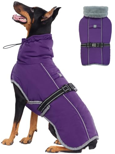OUOBOB Hundemantel, Hundejacken für mittlere Hunde, wasserdichte Hundeweste, Reflektierende warme Hund Schneemantel, Hund Clod Wetter Bekleidung, Winddichte verstellbare Hund Schneeanzug Lila XL