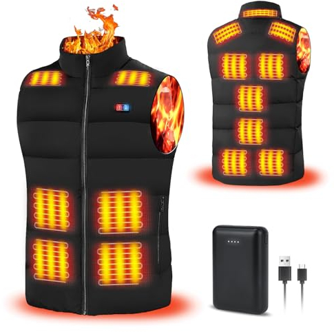 Rrtizan Beheizte Weste für Damen und Herren mit Powerbank, ärmellose USB elektrisch beheizte Jacke mit 3 Temperaturstufen und 15 Heizzonen, waschbarer beheizter Körperwärmer für draußen,0085-XL