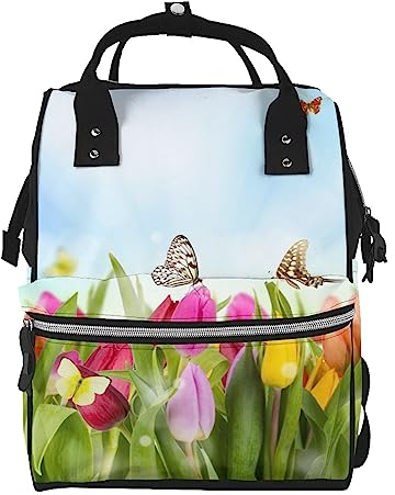 ARCOFF Wickeltasche mit Tulpenblumen, Schmetterlingen, Windelrucksack für Damen und Herren, modische Reisetaschen, lässiger Tagesrucksack, Rucksack, mehrfarbig, One size