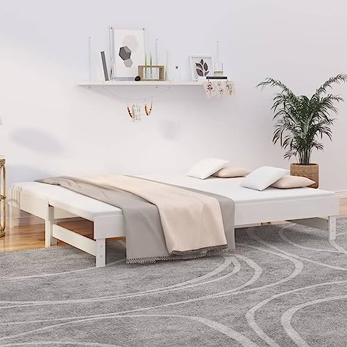 Homgoday Tagesbett Ausziehbar Ausziehbett Bettsofa Sofabett Lattenrost Schlafsofa Vielseitige Holzbett Gästebett für Schlafzimmer Wohnzimmer Weiß 2X(90x200) cm Massivholz Kiefer