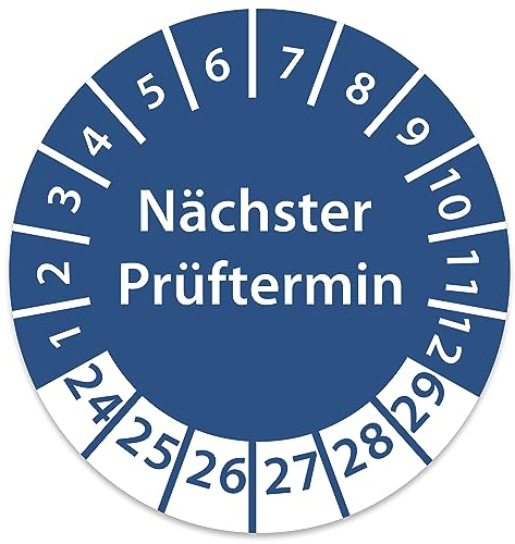 Prüfplakette DGUV V3 Nächster Prüftermin E-Check Elektro - 2024-2029 - Wasserfest/UV-Schutz - 30mm Plakette für Tritte Leitern Feuerlöscher Maschinen (250, Nächster Prüftermin - Blau)
