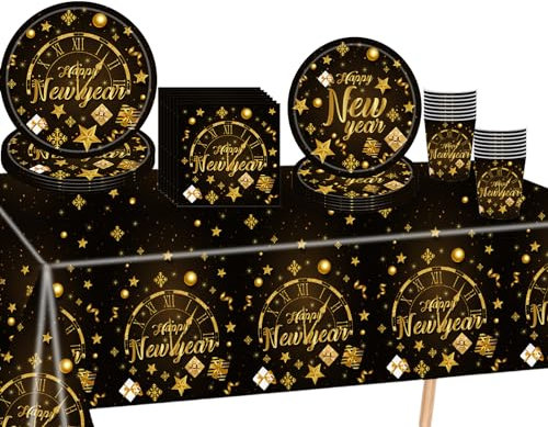 69Pcs Happy New Year Eve Party Tableware Plastic New Years Table Cloth Cover,Paper Plates,Napkins and Cup,Black Gold Dinnerware Set for 2025 Happy New Year Eve Party Decorations Suppliers