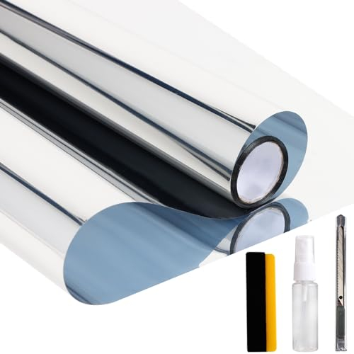 Spiegelfolie Fensterfolie Sichtschutz, Selbsthaftend Sonnenschutz Anti-UV Folie, Fensterfolie Sonnenschutz von innen durchsichtig von aussen Blickdicht (Silber, 44.5 * 300cm)