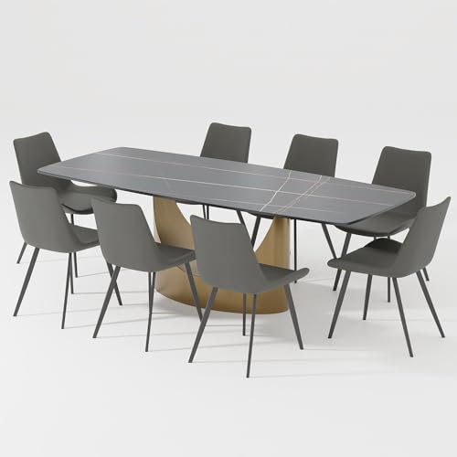 POVISON Essgruppen modern mit 8 Stühlen,esstisch stühle 8 Set,Esszimmertisch 240cm,Esstisch schwarz aus Sinterstein, Esszimmerstühle aus PU Leder für 8 Personen(Tisch + 8 Stühle)