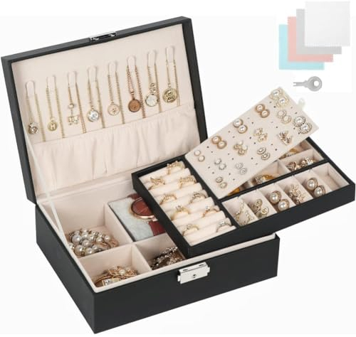 Aucuu Schmuckkästchen Damen, Schmuckkästchen Groß, 2 Ebenen Schmuckschatulle, Abschließbare Schmuckaufbewahrung mit Schlüssel, Schmuck Organizer, Schmuckbox Schmuckkasten für Ringe Halskette Ohringe