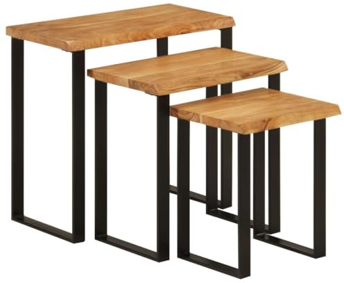 vidaXL Satztisch 3 STK., Couchtisch mit Baumkante Stahlbeine, Beistelltisch Sofatisch Wohnzimmer, Kaffeetisch Wohnzimmertisch, Massivholz Akazie