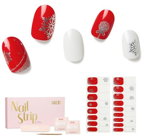 NAILOG Christmas Semi-Cured Gel Nail Strips - 34 Pcs Salon-Quality Gel Nail Stickers - Long-Lasting Finish, Holly Jolly