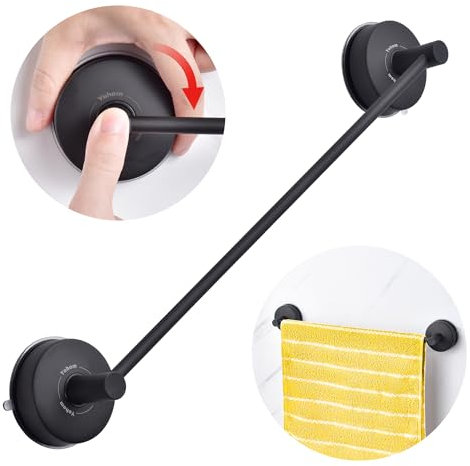 YOHOM Suction Towel Rail Bathroom 42.8 CM Vacuum Hand Towel Holder Stainless Steel Suction Cup Tea Towel Rack Kitchen Single Shower Towel Bar Wall Mounted Towel Hanger No Drilling (17-Inch) Black