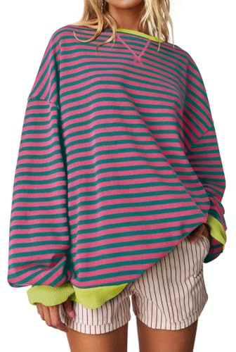 UEU Damen-Sweatshirt, Übergröße, gestreift, Rundhalsausschnitt, langärmlig, Farbblock, lässig, für Training