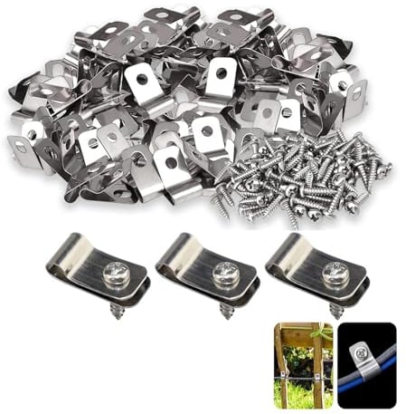 Lot de 100 pinces de fixation pour fil de clôture en acier inoxydable avec vis - Pinces de fixation pour fil soudé sur bois