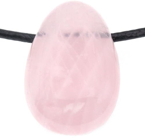 Echter Rosenquarz Tropfenanhänger mit gewachstem Baumwollband - Gebohrter Trommelstein - Drehverschluss aus Edelstahl (Rosenquarz, 45)