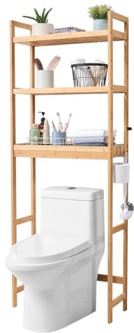 VEVOR Étagère WC, Meuble de Rangement au-Dessus des Toilettes Réglable à 3 Niveaux, Étagère de Salle de Bain Autoportante, avec 3 Crochets, Organisateur Convient à la Plupart des Toilettes, Buanderie