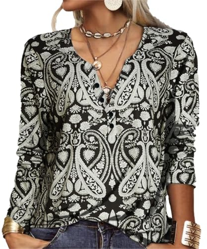 GRMLRPT T-Shirt col V Blouses à Manches Longues pour Femmes Imprimé Tunique Tops Lâche Chemisier T-Shirts pour Femmes Sweat-Shirt Tuniques Basiques Haut Automne(Style-B,M)
