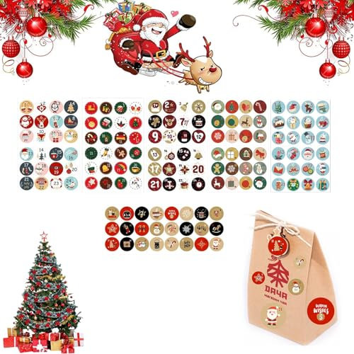 Weihnachtssticker Set,Aufkleber Weihnachten,Weihnachtssticker,Weihnachtsaufkleber Weihnachtsdekoration,Selbstklebend Geschenketiketten,für Geschenkverpackungen,Adventskalender Zahlen Aufkleber,6 Blatt