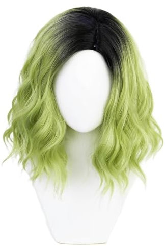 NiceLisa 35cm Kurze schwarze Wurzelgrün Perücke Frauen Halloween Party Wellencurly Cosplay Perücken sich getrennt getrennt Perücken
