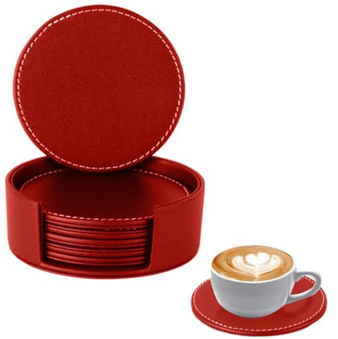 Coasters Set of 6 - Premium Leather Drink Coasters for Home, Office, and Coffee Table Protection, Round Coaster with Sewing Around, Non-Slip, Anti-Heat Cup Mats
