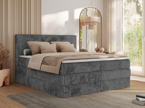 MKS MEBLE Boxspringbett 200x200 Grau Cord, Boxspringbett mit Matratze H4, Bett 200x200 mit Bettkasten and Kopfteil, Doppelbett mit Stauraum, Polsterbett 200x200 - Tiliano King