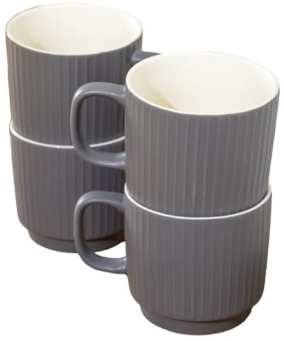 Darthome Set of 4 Ribbed Stacking Mugs 370ml Grey Fine China Tea Coffee Cup 13oz Large