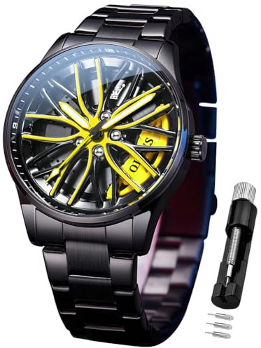 OLEVS Herrenuhren Drehende Auto-Rad Quarzuhren Modischer Sport Edelstahl Herrenarmbanduhr Leuchtend Wasserdicht für Männer