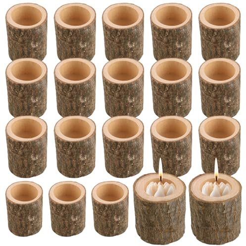 JMIATRY 20 Stück Teelichthalter Holz 7x4x6cm, Kerzenständer Holz, Natürliche Baumstumpf Kerzenhalter für Halloween, Weihnachten, Valentinstag, Heimdekoration