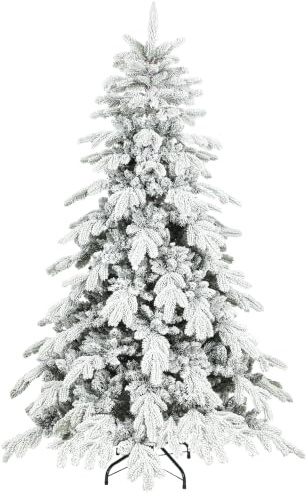 HOMCOM 6ft Artificial Christmas Tree Snow Flocked Metal Stand Green White | Realistic Dense Branches, Hinged Design, Wide Shape, Easy Assembly, Xmas Home Decoration