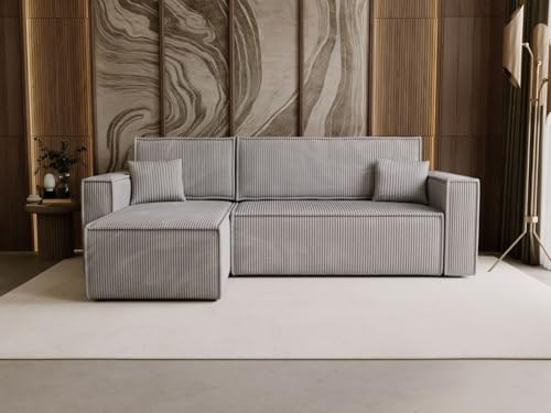 GRAINGOLD Prato L Ecksofa mit Schlaffunktion & Bettkasten 253x145 cm, L-Form Sofa mit Stauraum, Schlafcouch für Wohnzimmer, Cord Stoff, 3-Sitzer Eckcouch, Modernes Design (Grau)