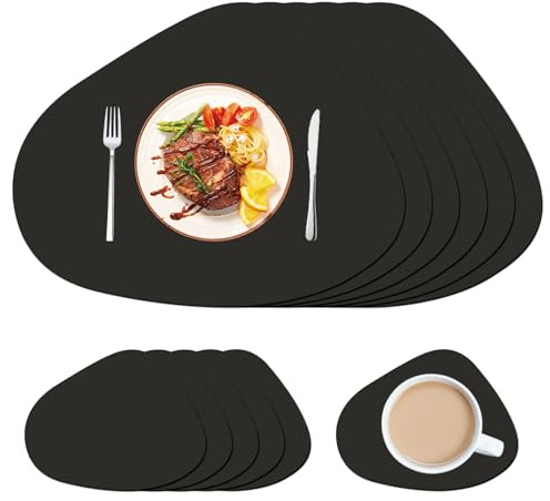 Tischsets Abwaschbar 6er Set Tischset Leder Schwarz Tischset Schwarz mit Tischuntersetzer Platzsets Abwaschbar für Hause Küche Restaurant und Hotel