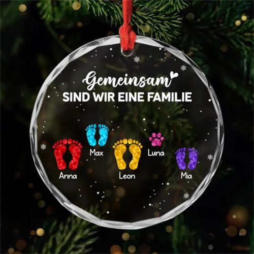 Geschenke Mall Personalisiertes Glas Ornamente - Gemeinsam Sind Wir Eine Familie Fußabdruck - Weihnachtskugel mit Namen, Personalisierte weihnachtsdeko, Personalisiert christbaumkugel (5 Mitglieder)
