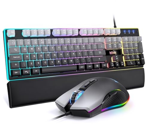 RedThunder K10 Wired Gaming Keyboard and Mouse Combo, UK Layout, True RGB Backlight, Soft Leather Wrist Rest, Ergonomic Anti-Ghosting Keyboard + 7D 7200 DPI Mouse for PC Mac (Gradient Gray)