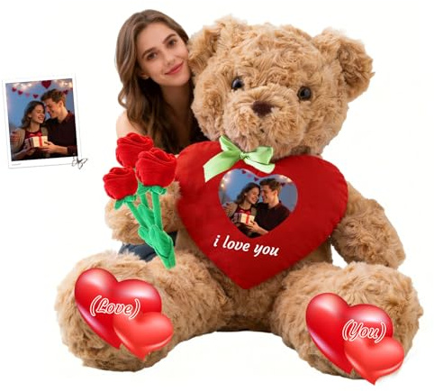 GOUFEISUN Personalisierter Großer Teddybär Mit Herz 50 cm Bis 125 cm Mit Text Und Foto, Big Teddy Bear Individuell Als Stofftier Geschenk Für Valentinstag Weihnachten Geburtstag