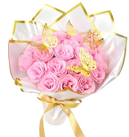MWOOT 24 Pezzi Bouquet di Rose Glitterate, Bouquet di Fiori Artificiali Fai Da Te con Rosa Finte Glitterate Rosa Corona Farfalla 3D, Regalo per San Valentino Matrimonio Compleanno