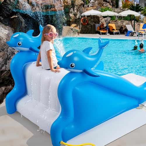 Seenelling 98 Inch Giant Inflatable Dolphin Pool Slide for Kids & Adults, Swimming Pool Play Center Inflatable Water Slide for Inground Above Ground Pools, Summer Backyard Parties for Kids & Adults