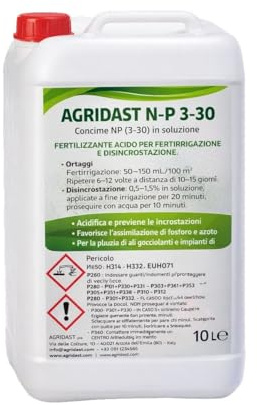 CONCIME AGRIDAST N-P 3-30 – Fertilizzante Acido Liquido Fosforo e Azoto per Fertirrigazione Disincrostante Impianti Irrigui e Ali Gocciolanti (10 kg)